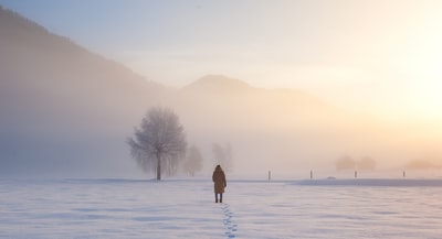 白天在积雪覆盖的田野上行走的人